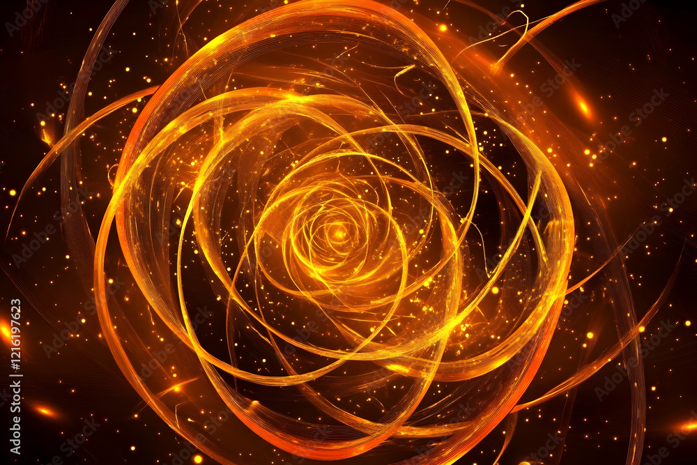 Aufkleber abstract golden swirls spiral inward dynamically with sparkling particles on dark background