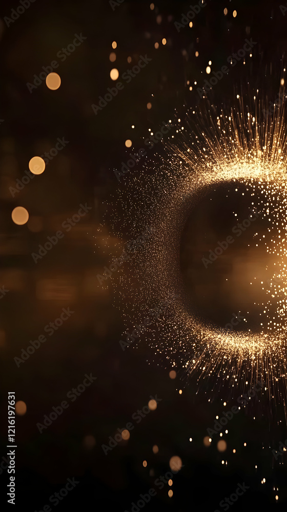 Aufkleber golden particles form an arc with bokeh lights in a dark background.