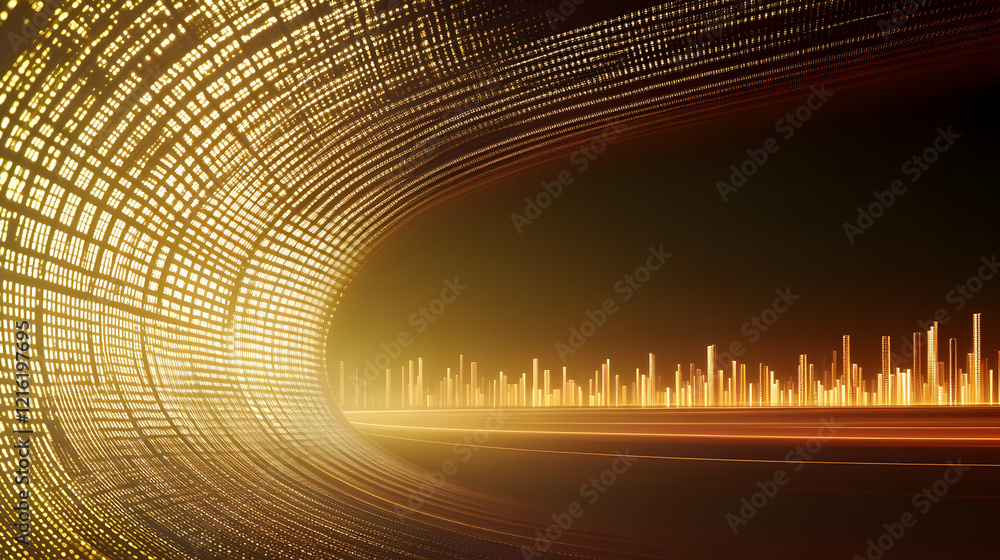 Poster golden data stream flows towards a futuristic cityscape in a digital tunnel