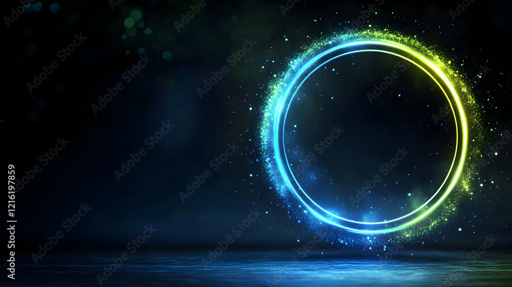 Aufkleber neon circle illuminates dark abstract background with glowing particles and reflective surface