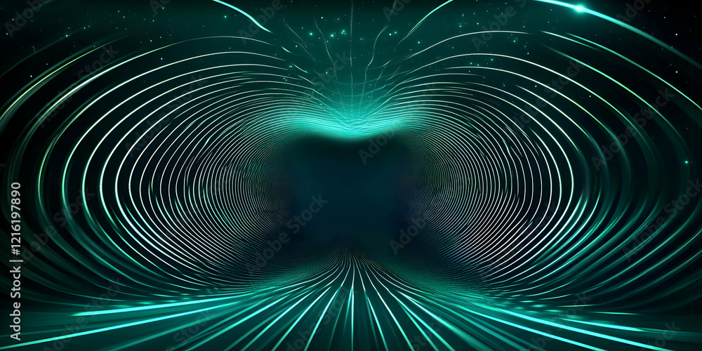Poster abstract 3d illustration background features glowing green lines forming a tunnel through space.