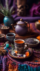 Fototapeta premium A serene composition featuring a steaming herbal tea, intricate teapot, and cozy textiles surrounded by warm candlelight and natural accents, evoking a sense of relaxation and tranquility.