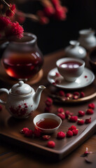 Fototapeta premium A serene composition featuring a steaming herbal tea, intricate teapot, and cozy textiles surrounded by warm candlelight and natural accents, evoking a sense of relaxation and tranquility.