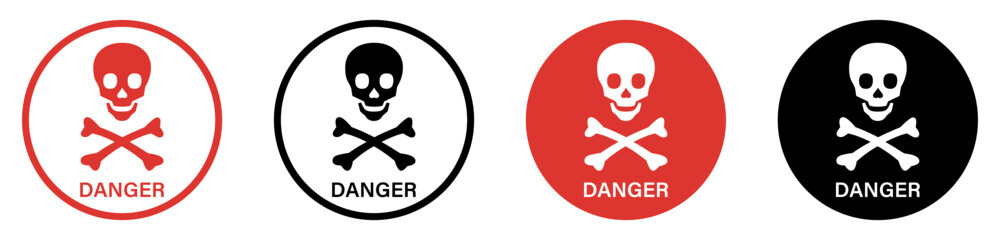 Danger sign with skull vector icon set. Warning, caution icon of poison, toxic, chemical and electricity. Human skull and crossbones. Risk and hazard sign symbol.  Flat design. Vector illustration.