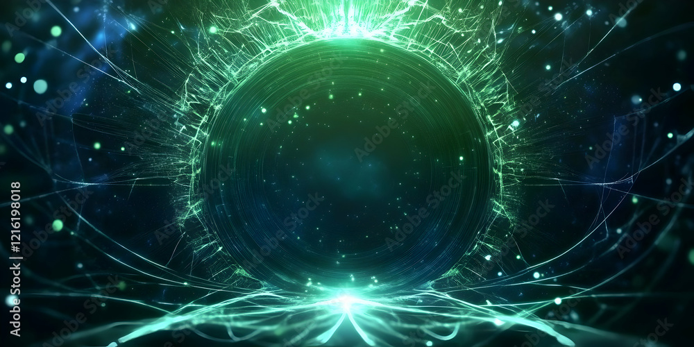 Aufkleber abstract green energy vortex spins dynamically, illuminating a dark background with glowing particle