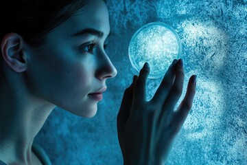 Naklejka premium A woman examines a petri dish containing a bacterial culture, her expression thoughtful and curious.