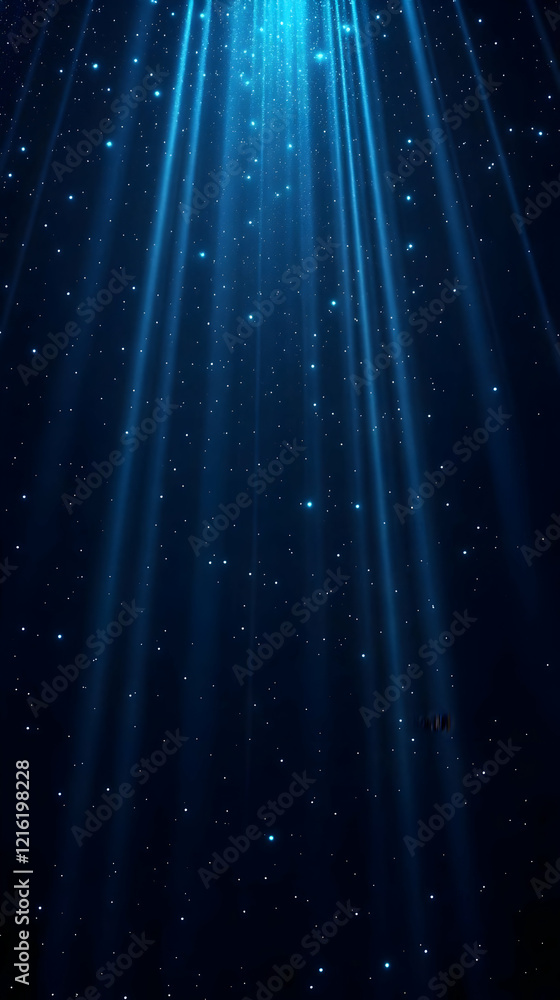 Poster abstract background with blue light rays and sparkling particles creates a magical atmosphere