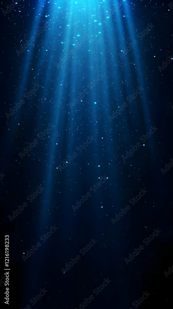 Poster abstract blue light rays shine through dark background with sparkling particles