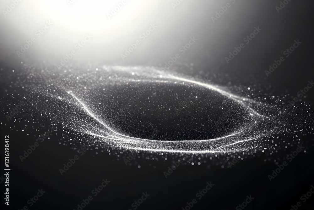 Poster abstract silver particles flowing in a circular motion on a black background