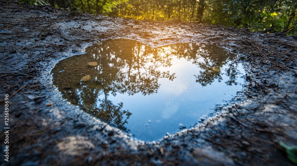 Poster reflections of the trees in a puddle during golden hour on a forest path