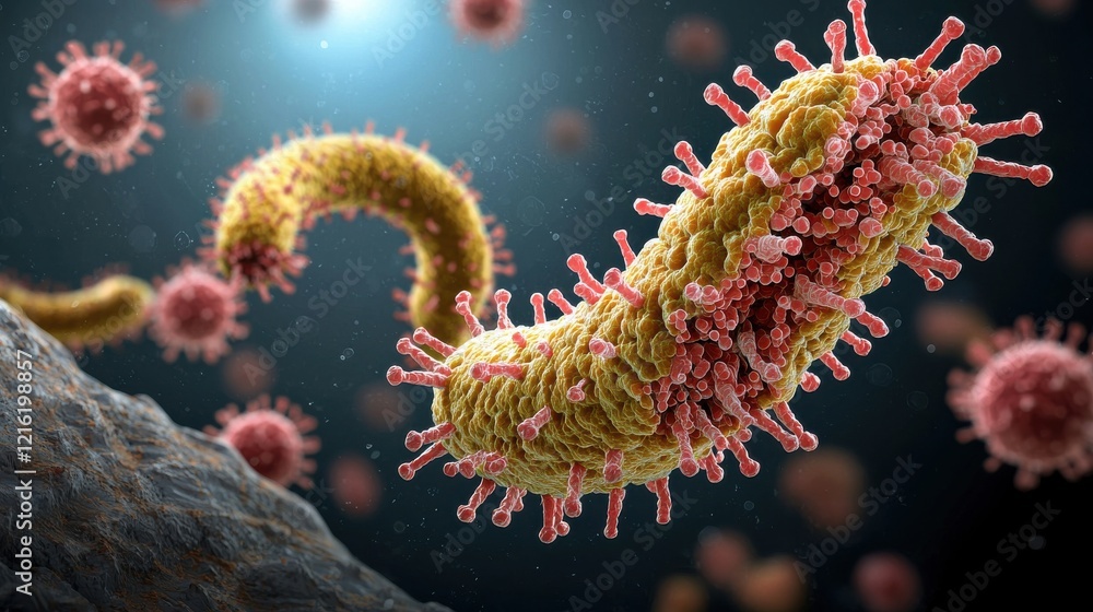 Poster Detailed closeup analysis of hmpv virus structure under high-resolution microscopy laboratory setting scientific imaging microscopic perspective virology insights