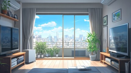 Bright and Inviting Living Room Featuring a Spacious Large Window Allowing Natural Light to Flood the Space Complemented by a Modern Television Creating a Cozy and Relaxing Atmosphere