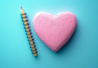 A pink heart-shaped notebook with a pencil on a blue background