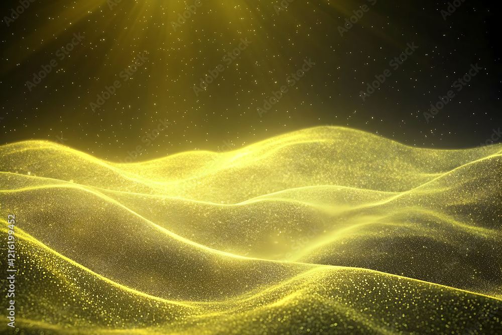 Poster abstract golden particle waves flowing smoothly in a dark background with sparkles