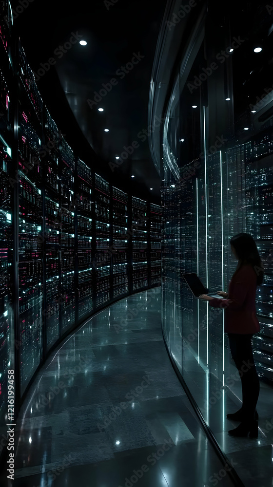Aufkleber technician monitors server room with laptop, ensuring efficient data center operations efficiently.
