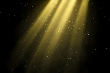 Golden Light Rays Shine Through Dust Particles on a Dark Background with Abstract Texture and Soft Glow Effect.