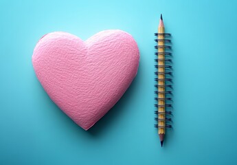 A pink heart-shaped notebook with a pencil on a blue background