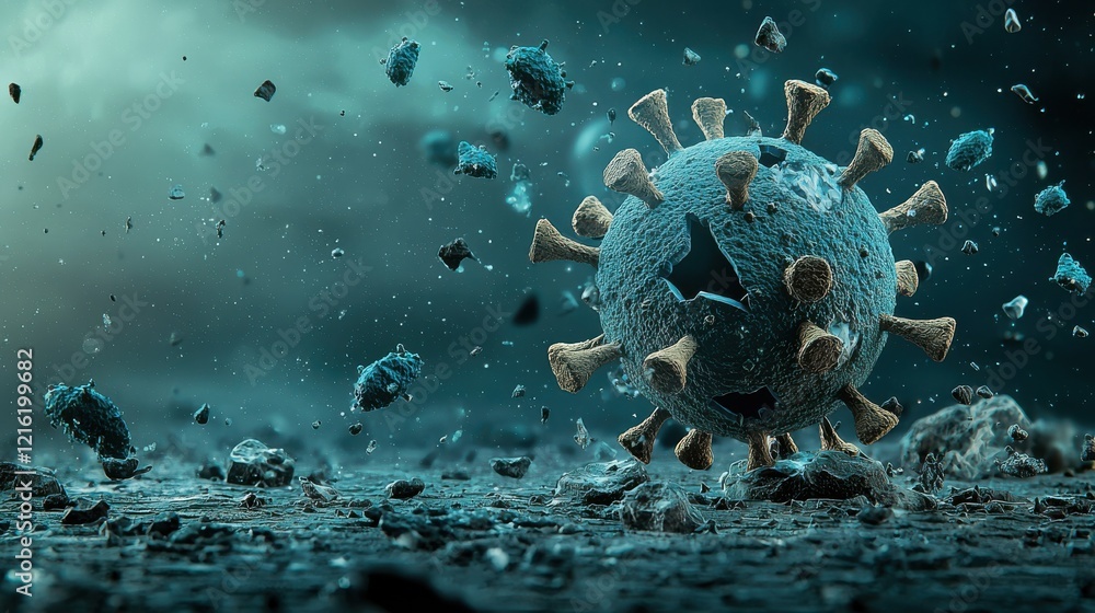Poster floating hmpv virus visualized in dark and moody atmosphere scientific illustration microbial enviro