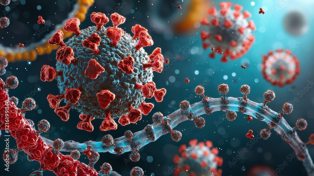 Poster dramatic visualization of hmpv virus particle in dark blue digital art laboratory setting scientific