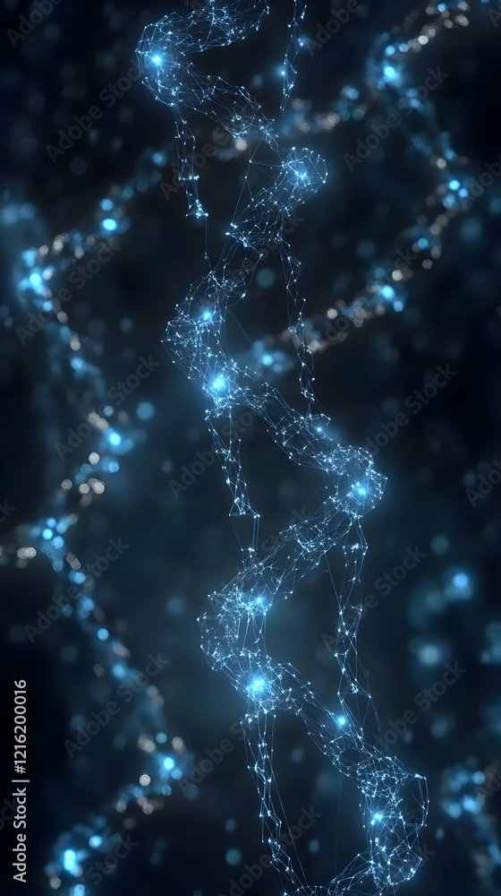 Poster abstract dna strand glows with interconnected points on a dark blue background.