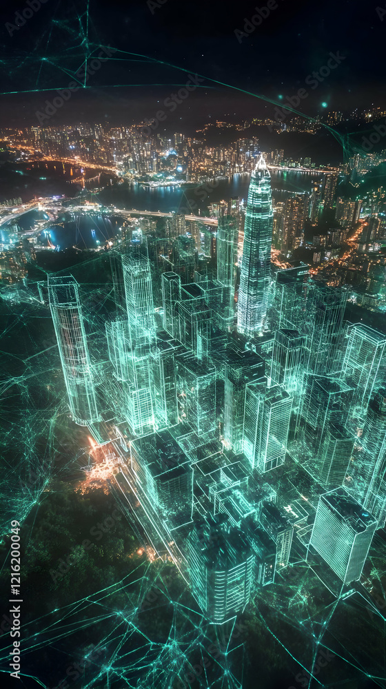 Poster digital cityscape overlay illuminates night skyline with interconnected network grid visualization.