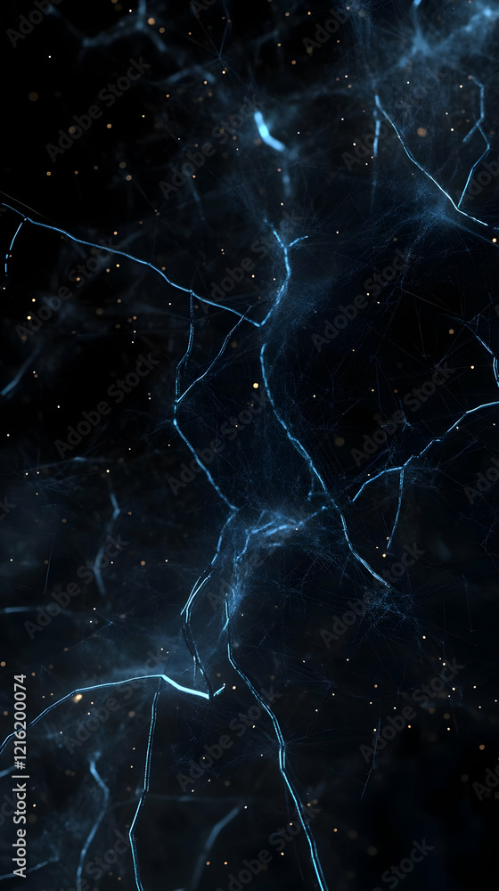 Poster abstract 3d illustration shows glowing blue lines resembling a web or network over a dark background