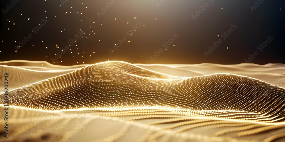 Poster abstract 3d golden landscape with glowing particles elegantly floating in a dark background
