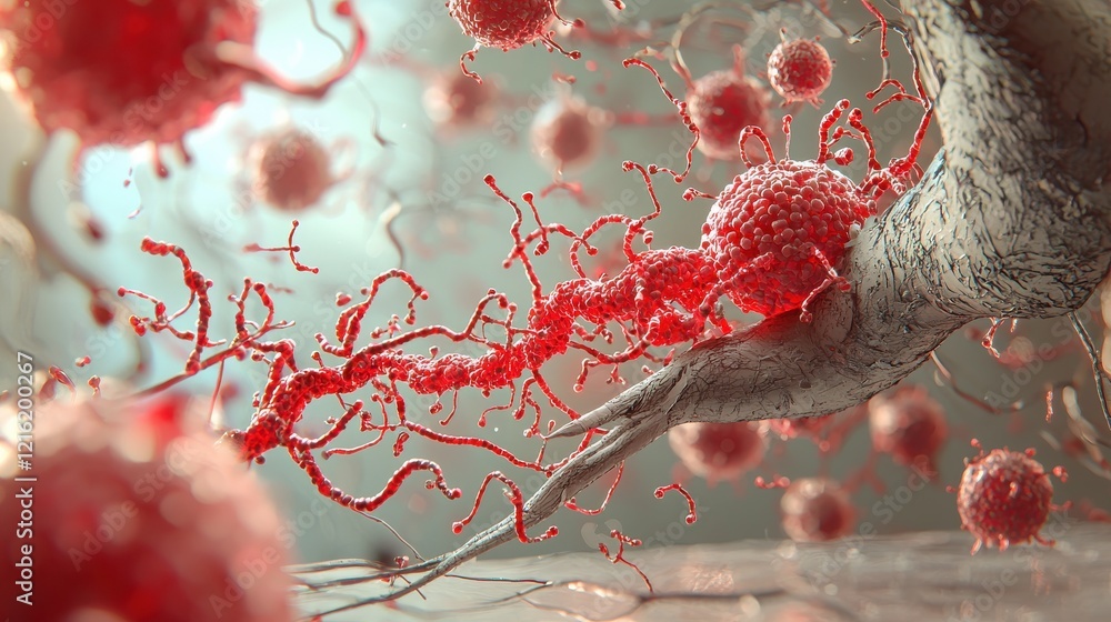Poster dramatic artistic rendering of hmpv virus spreading in a microscopic environment digital art concept