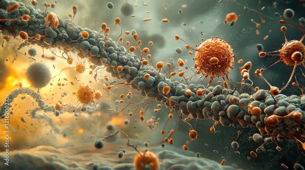 Poster dramatic artistic rendering of hmpv virus spreading in a microscopic environment digital artwork sci