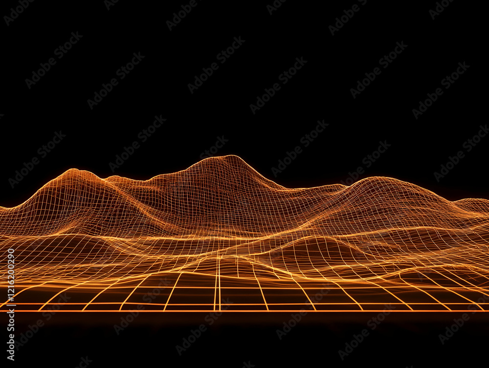 Poster 3d orange wireframe landscape forms rolling hills on a dark background with grid pattern