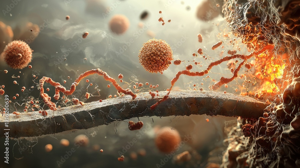 Aufkleber Dynamic visualization of hmpv virus particle bursts in cellular environment a 3d scientific exploration