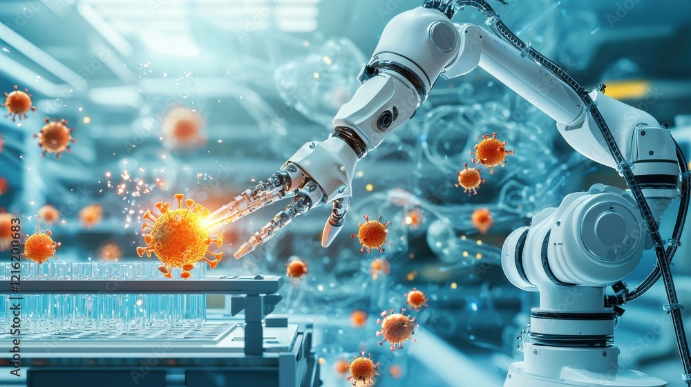 Aufkleber futuristic robotic arm analyzing hmpv virus particles in a high-tech laboratory environment from a s
