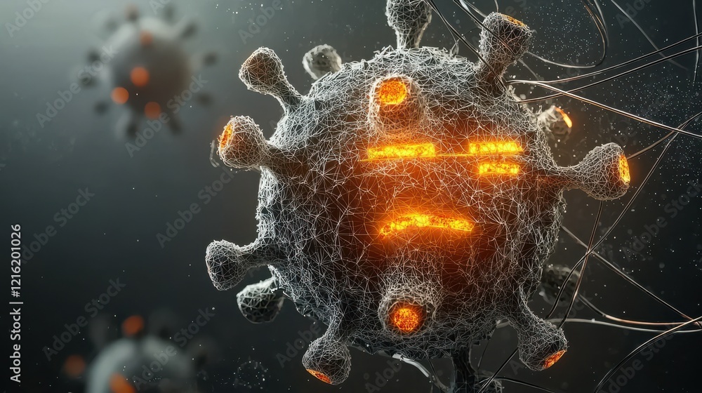 Aufkleber Illuminated model of hmpv virus structure displayed against standard reference scientific visualization laboratory environment molecular perspective
