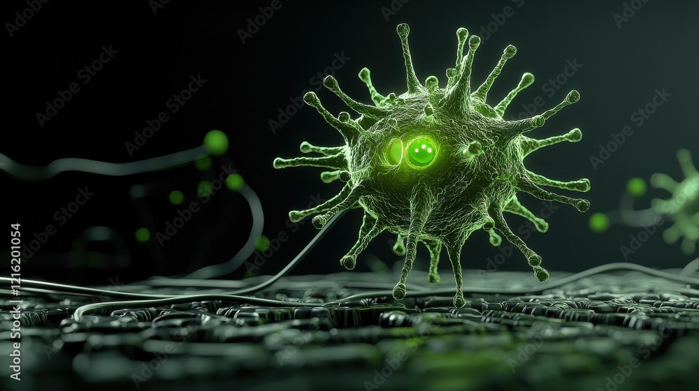 Poster illuminating hmpv virus structure model laboratory scientific visualization dark background microsco