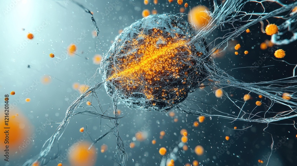 Aufkleber Dynamic visualization of hmpv virus particles scientific laboratory digital animation microscopic environment close-up view glowing concept