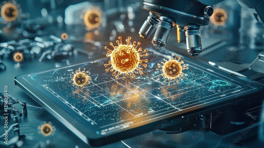 Poster Illuminating hmpv virus sample analysis laboratory microscope slide digital imaging environment scientific perspective virology research