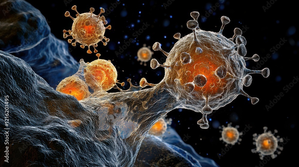 Poster Illuminating floating representation of hmpv virus in red standard scientific visualization digital art biological environment macro viewpoint virus concept