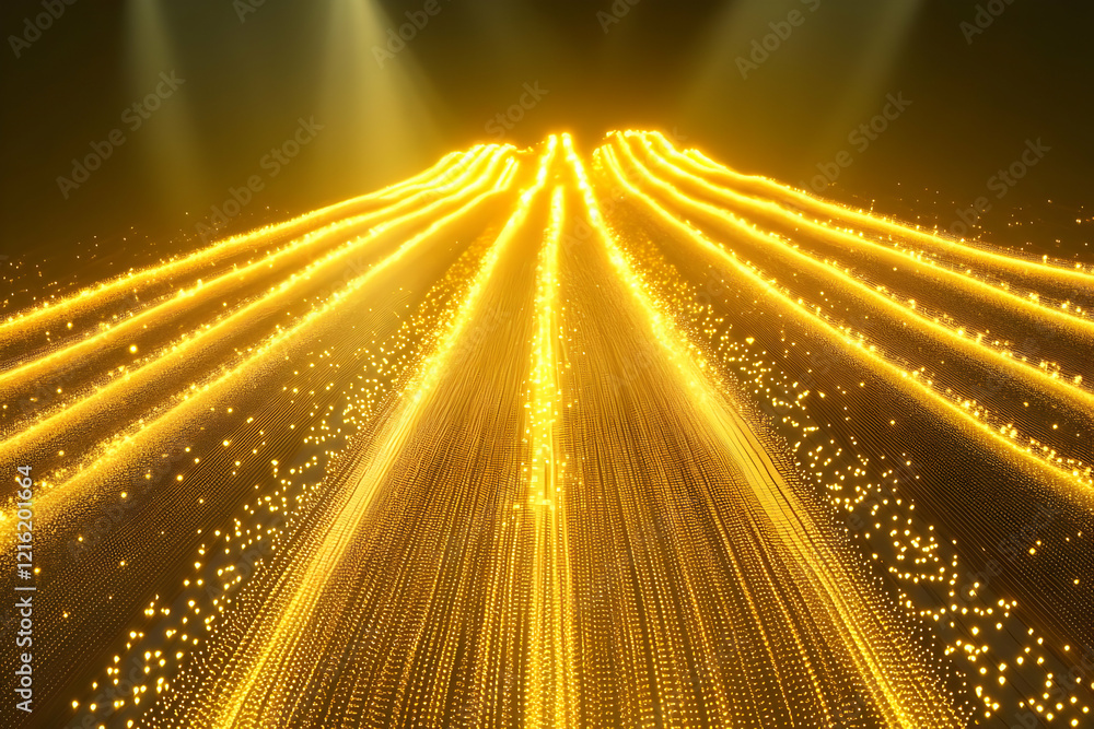 Poster golden particles flowing upward abstract background with light rays