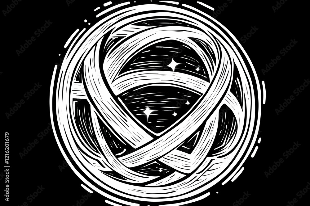 Poster abstract circular design with intertwined lines and sparkling stars on a black background