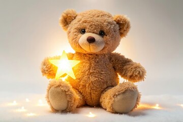 Obraz premium White backdrop showcases an adorable teddy bear gently holding a twinkling star. Ideal for your mockup needs.