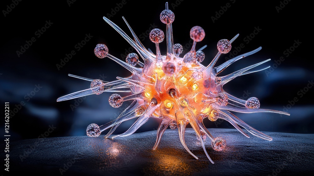 Poster exploring hmpv virus particles in neon aesthetic illustration scientific context digital art environ