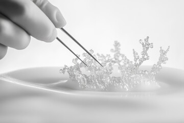 A gloved hand uses tweezers to delicately handle a crystalline structure resembling a snowflake in a white liquid.