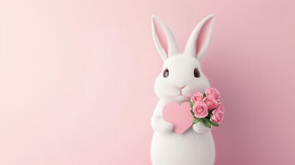 Obraz premium Adorable White Bunny Holding Pink Heart and Roses on Pink Background Valentine s Day Easter
