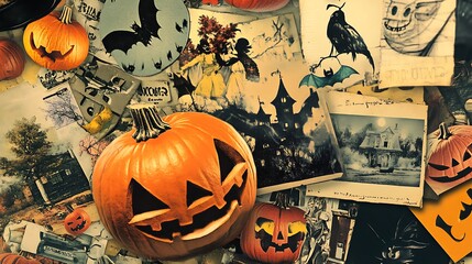 Vintage Halloween Collage with Jack-O-Lanterns and Spooky Images