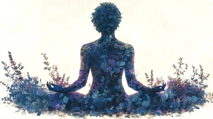 Meditative silhouette surrounded by lavender and eucalyptus on a calm beige background