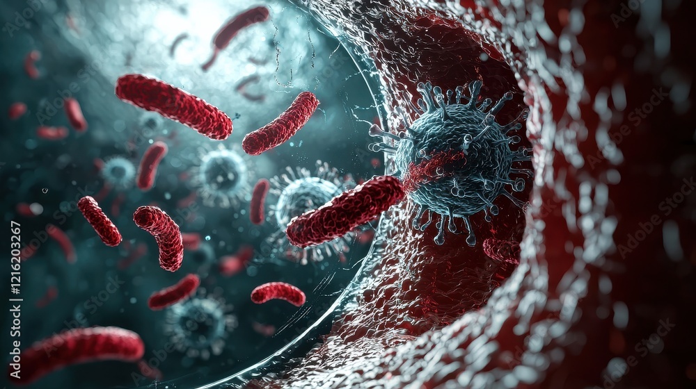 Poster Multiplying hmpv virus cells an artistic visualization in a microscopic environment from a scientific perspective