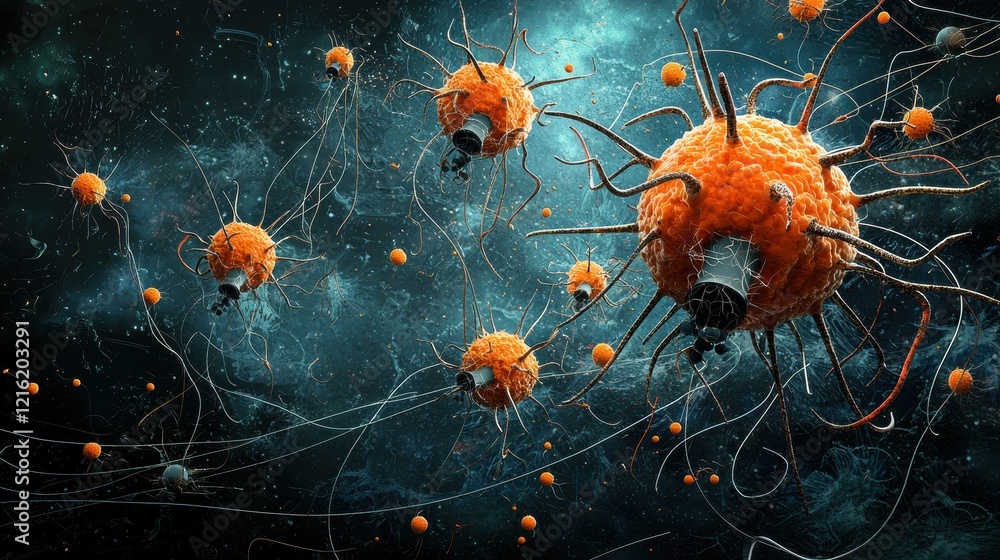 Poster visualize hmpv virus cells multiplication with artistic flair in scientific environments for educati