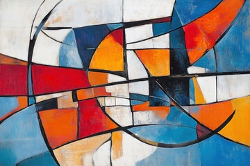 Fototapeta premium Abstract art piece featuring geometric shapes in vibrant colors like red, blue, orange, and white, creating a dynamic and modern visual composition for decoration.
