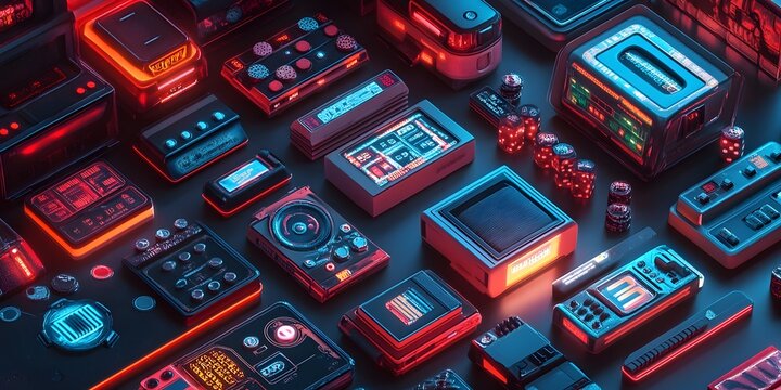 Collection of electronic devices with a futuristic, neon