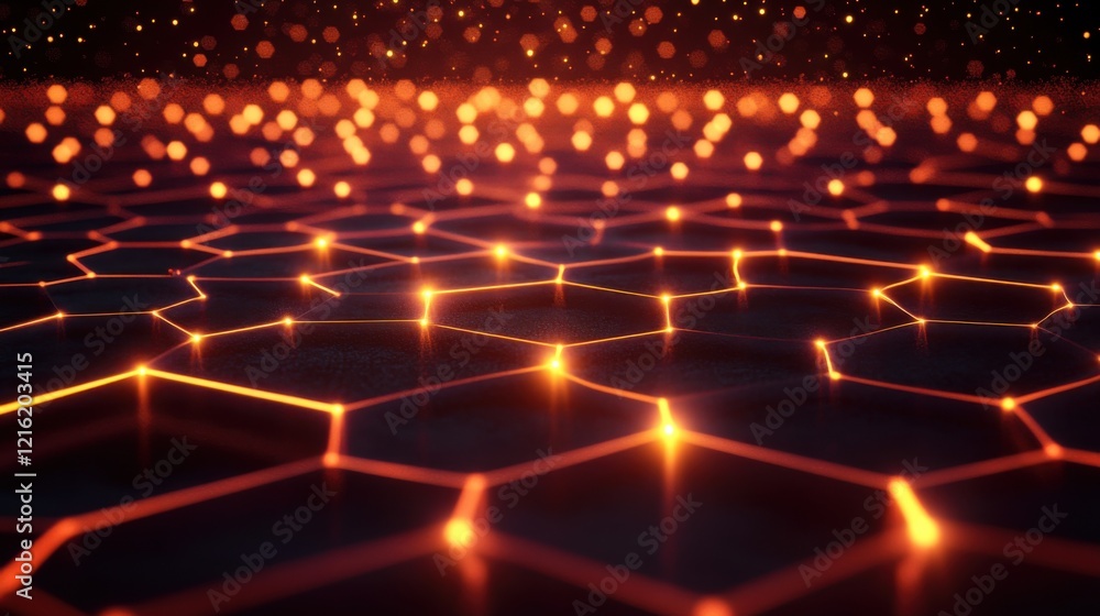 Poster abstract network: glowing hexagonal grid, digital connections, futuristic technology